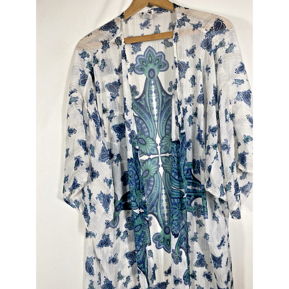 Dizzire Sheer Kimono Wrap Cover Up Long 1X White Blue Sheer Gypsy Boho Festival - Picture 3 of 10